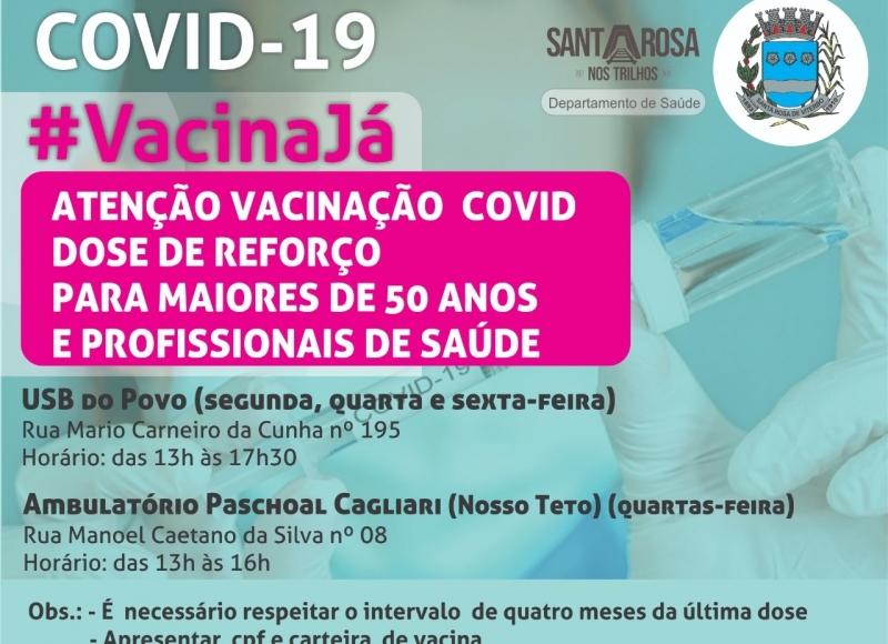 Departamento de saúde anuncia dose de reforço da vacina contra à covid-19 em pessoas acima de 50 anos e profissionais da