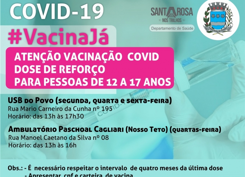 Departamento de saúde anuncia dose de reforço da Covid-19 em pessoas de 12 a 17 anos