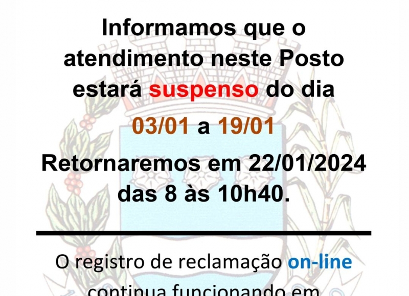 Atendimento do PROCON estará suspenso de 03 a 19/01/2024