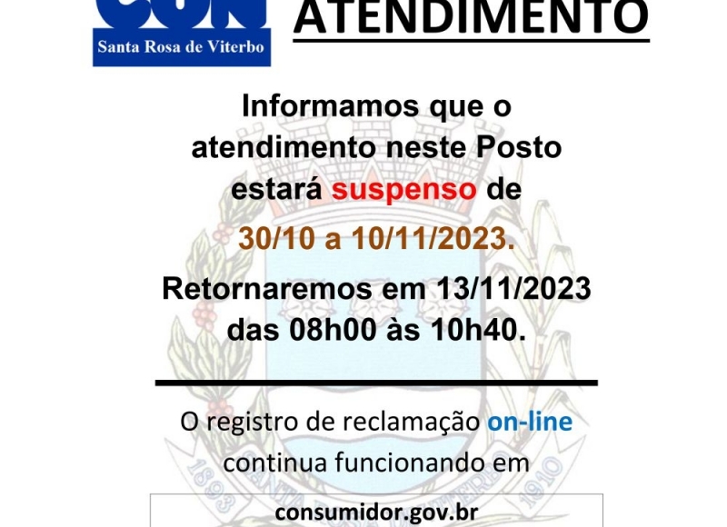 Atendimento presencial do PROCON estará suspenso a partir desta segunda-feira e retorna no dia 13 de novembro