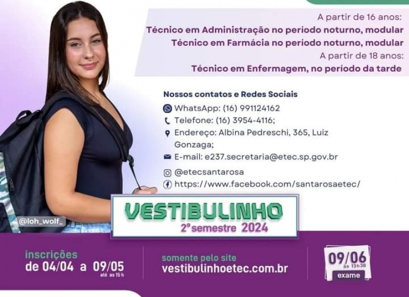 É AMANHÃ, 04/04: O início das INSCRIÇÕES para o Vestibulinho ETEC 2ºsemestre 2024!