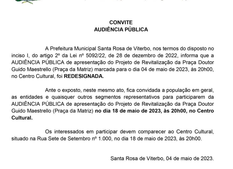 COMUNICADO URGENTE: Data da Audiência Pública foi Redesignada