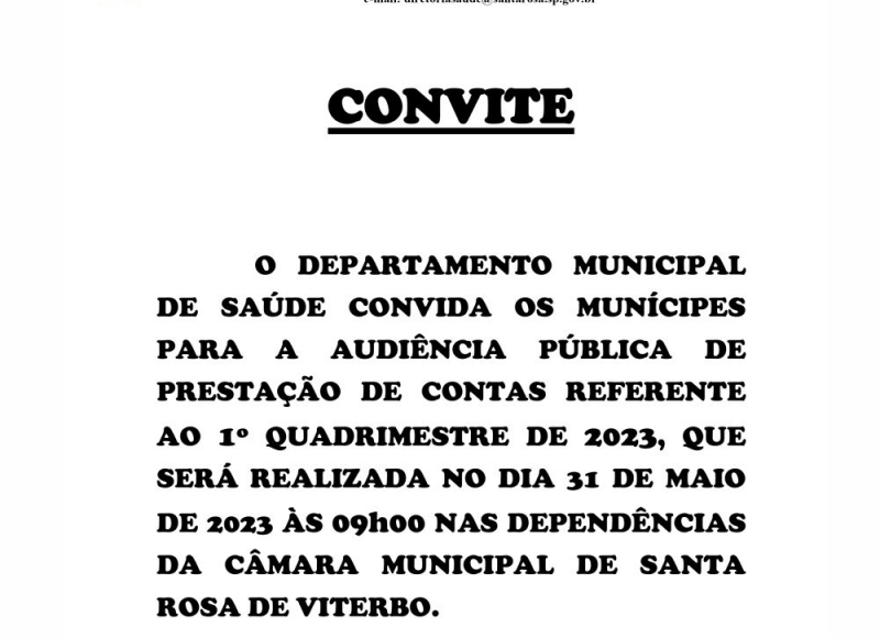 Convite do Departamento de Saúde: Prestação de contas referente ao 1º quadrimestre de 2023