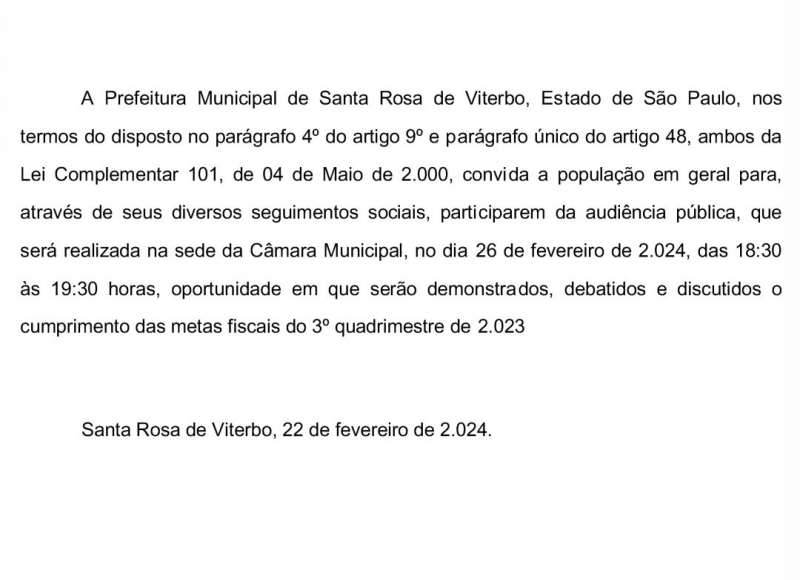 CONVITE:  AUDIÊNCIA PÚBLICA  METAS FISCAIS 3º QUADRIMESTRE - 2023