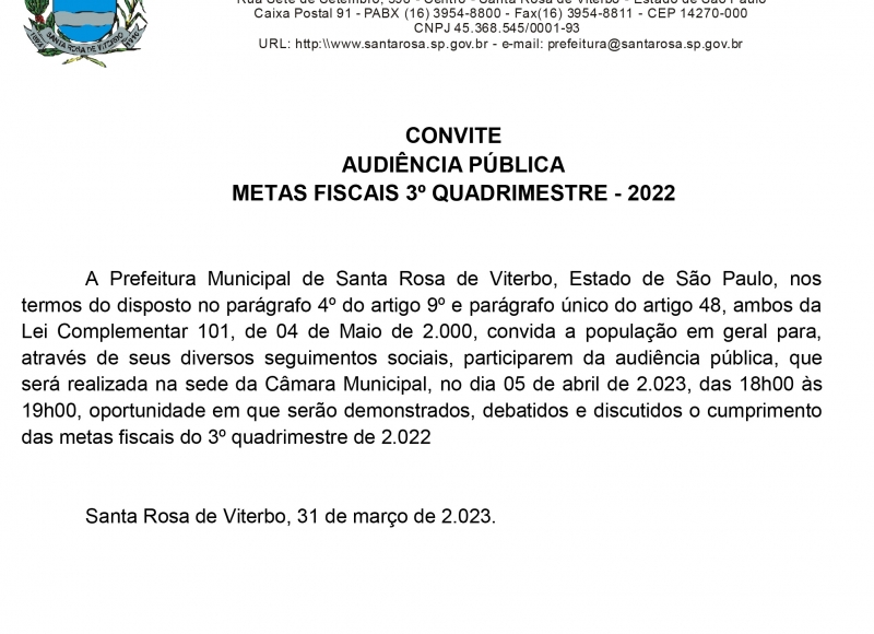 AUDIÊNCIA PÚBLICA  METAS FISCAIS 3º QUADRIMESTRE - 2022