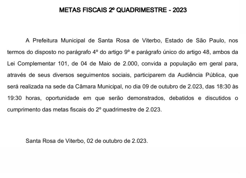 AUDIÊNCIA PÚBLICA  METAS FISCAIS 2º QUADRIMESTRE - 2023