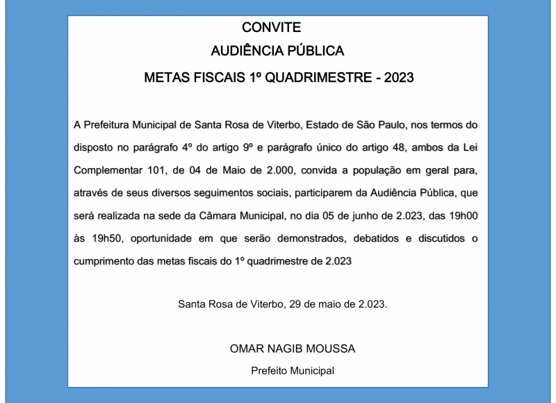 CONVITE PARA AUDIÊNCIA PÚBLICA - METAS FISCAIS 1º QUADRIMESTRE 2023