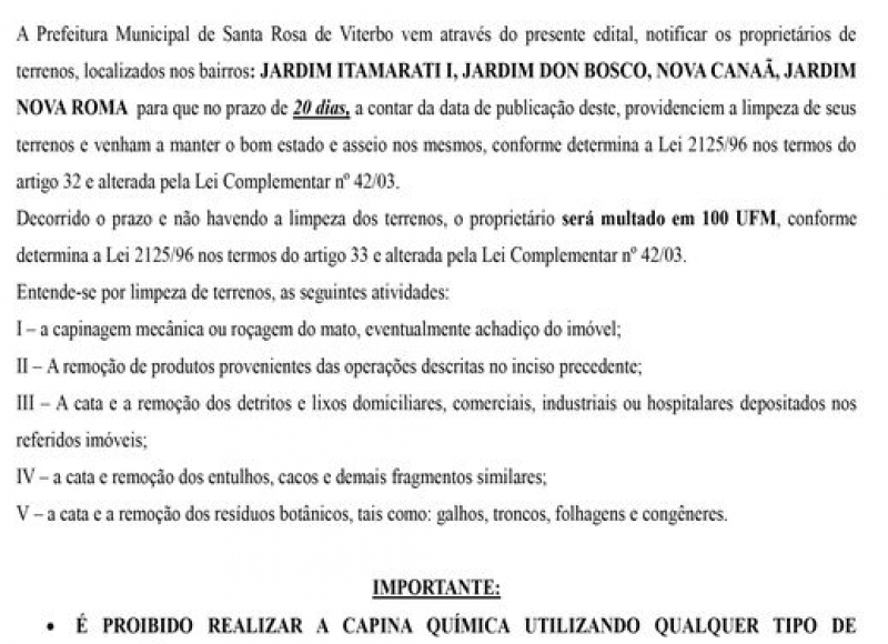 Fiscalização de Posturas emite Edital de Notificação para limpeza de terrenos