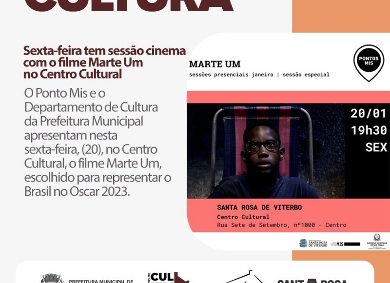 Sexta-feira tem sessão cinema com o filme Marte Um no Centro Cultural