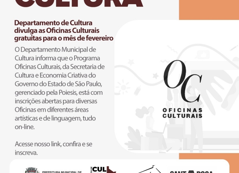 Departamento de Cultura divulga as Oficinas Culturais gratuitas para o mês de fevereiro