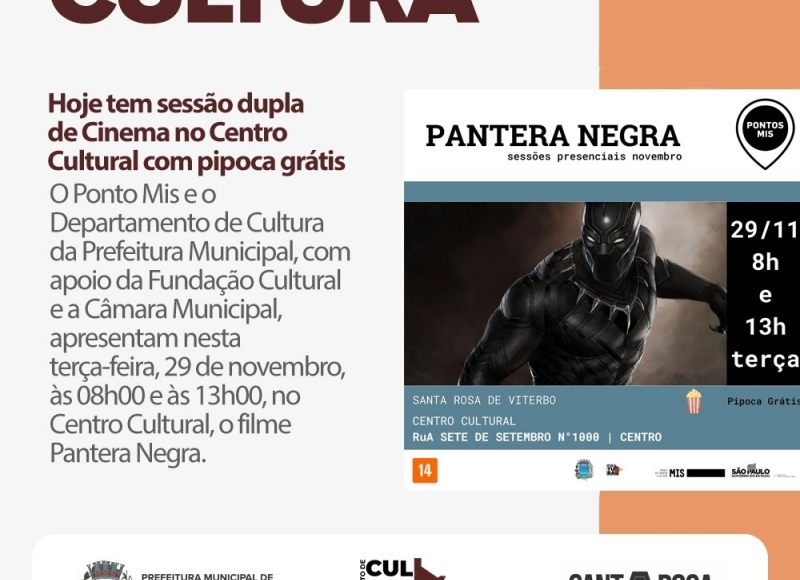 Hoje tem sessão dupla de Cinema com pipoca grátis no Centro Cultural