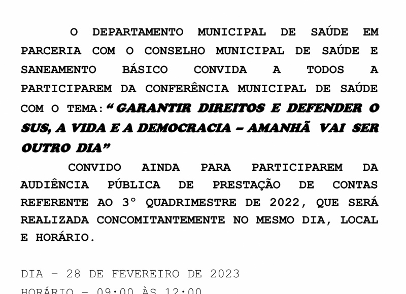 Convite para Audiência Pública de Prestação de Contas e Conferência Municipal de Saúde