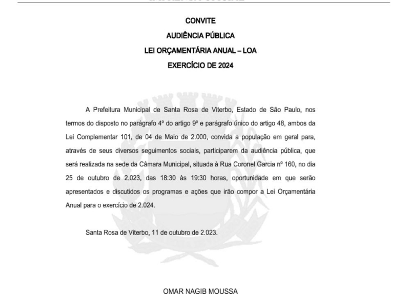 CONVITE: AUDIÊNCIA PÚBLICA LEI ORÇAMENTÁRIA ANUAL (LOA) EXERCÍCIO DE 2024