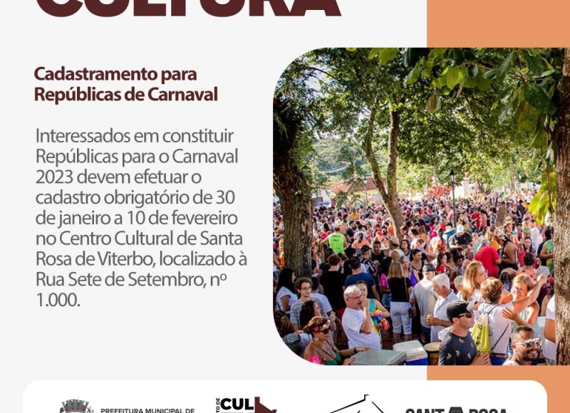 Cadastramento para Repúblicas de Carnaval  Interessados em constituir Repúblicas para o Carnaval 2023 devem efetuar o ca