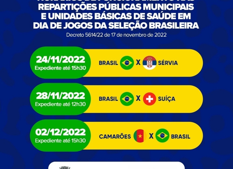 Comunicado: Repartições públicas municipais terão horário de expediente nos jogos da Seleção Brasileira na Copa do Mundo