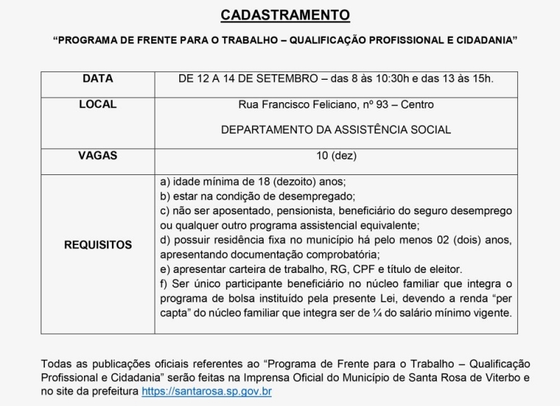 Depto. de Des. Social abre inscrições para 10 vagas na Frente para o Trabalho - Qualificação Profissional e Cidadania