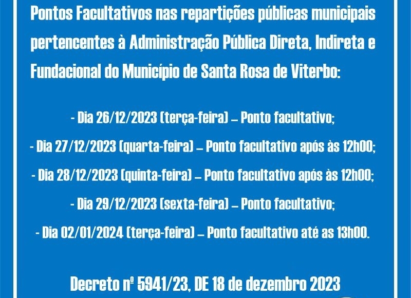 Prefeitura informa a programação dos Pontos Facultativos de Natal e Ano Novo