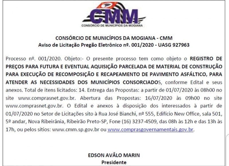 Ata para possível compra parcelada de Material para recomposição asfaltica