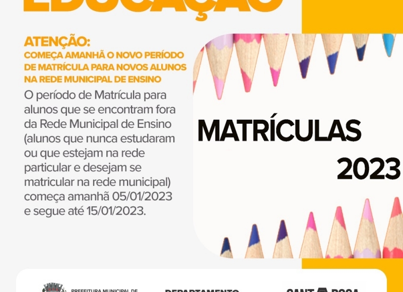 ATENÇÃO: Começa amanhã o novo período de Matrícula para novos alunos na Rede Municipal de Ensino