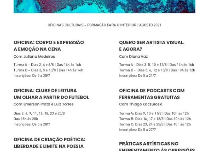 Secretária da Cultura e Poiesis divulgam calendário de oficinas culturais