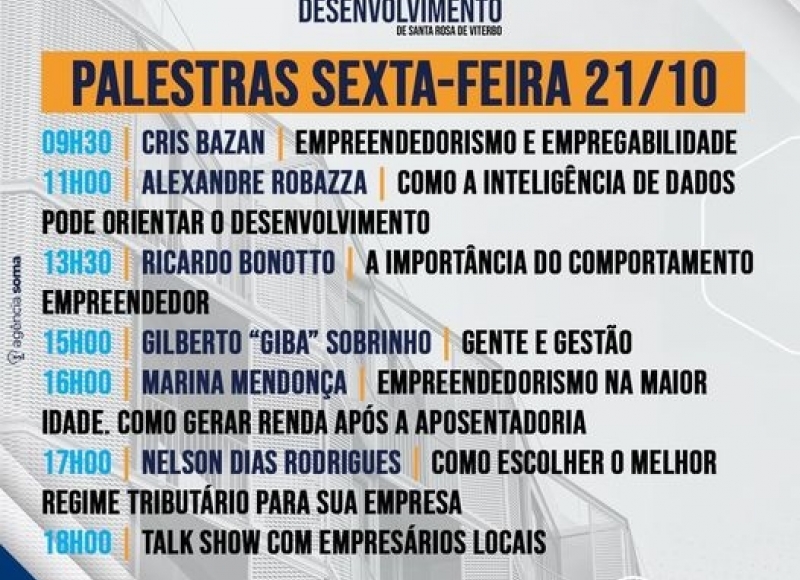 Grade de Palestras que ocorrerão durante a Feira de Desenvolvimento. Participe. 