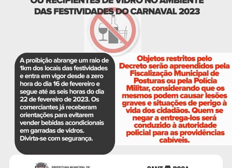 Decreto proíbe garrafas ou recipientes de vidro nos locais e entornos das festividades do Carnaval