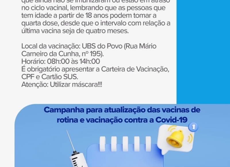 Neste sábado tem Campanha para atualização das vacinas de rotina e vacinação contra a Covid-19