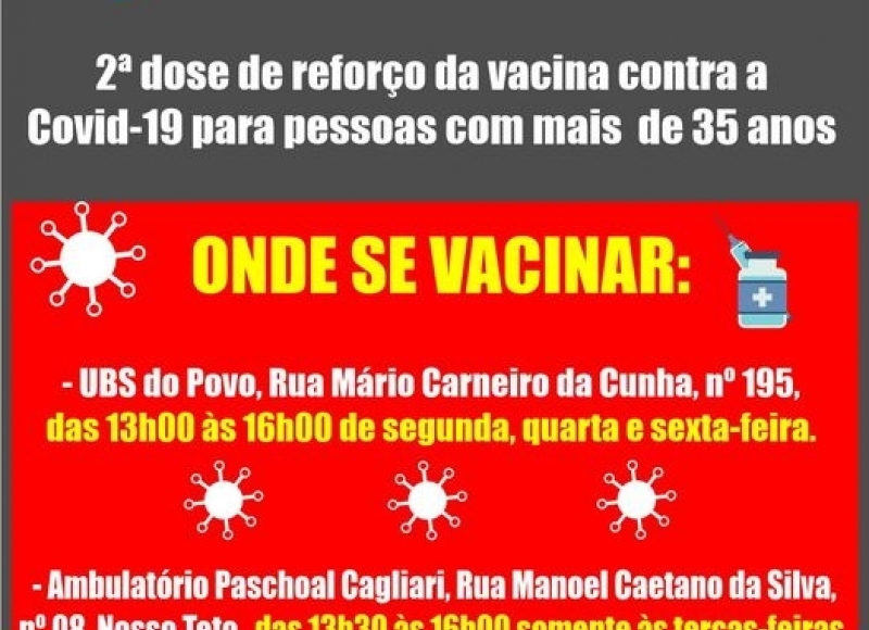 Vacina contra a Covid-19: A partir de amanhã será liberada a 2ª dose de reforço para pessoas com mais de 35 anos