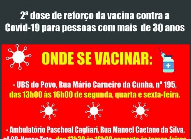 Vacina contra a Covid-19: A partir de hoje está liberada a 2ª dose de reforço para pessoas com mais de 30 anos