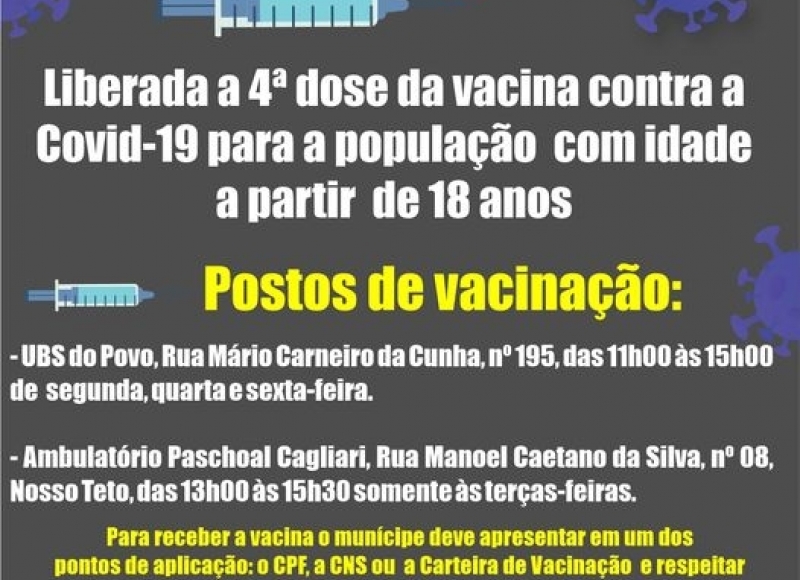  Atenção: Liberada a 4ª dose da vacina contra a Covid-19 para a população com idade a partir de 18 anos