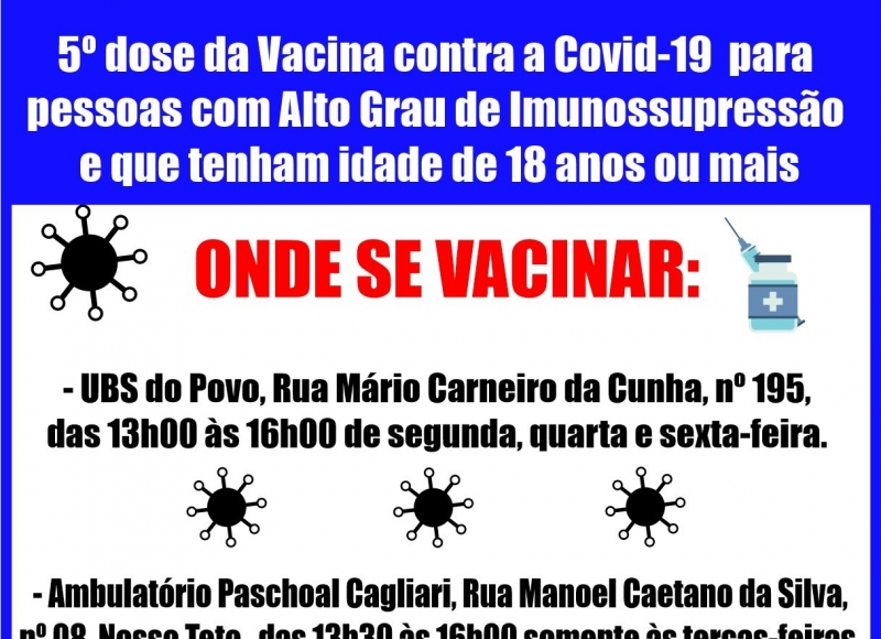 Atenção:  Pacientes com Alto Grau de Imunossupressão já podem receber a 5º dose da Vacina contra a Covid-19  