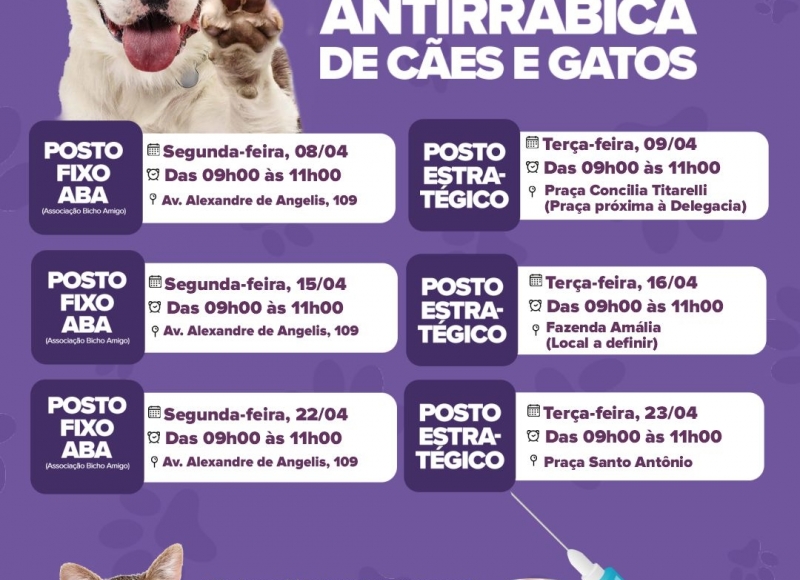 Serviço Veterinário Municipal informa a Programação da Vacinação Antirrábica em cães e gatos neste mês de abril