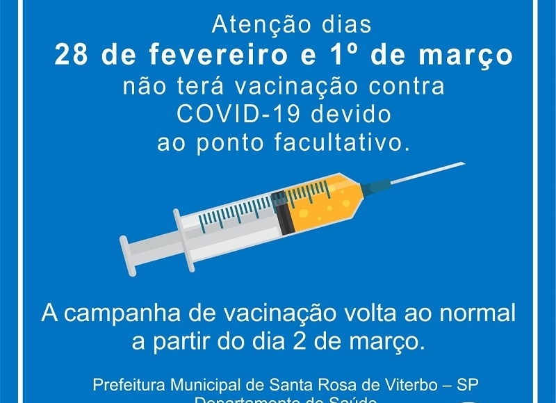 Comunicado: Não terá vacinação na próxima segunda e terça-feira