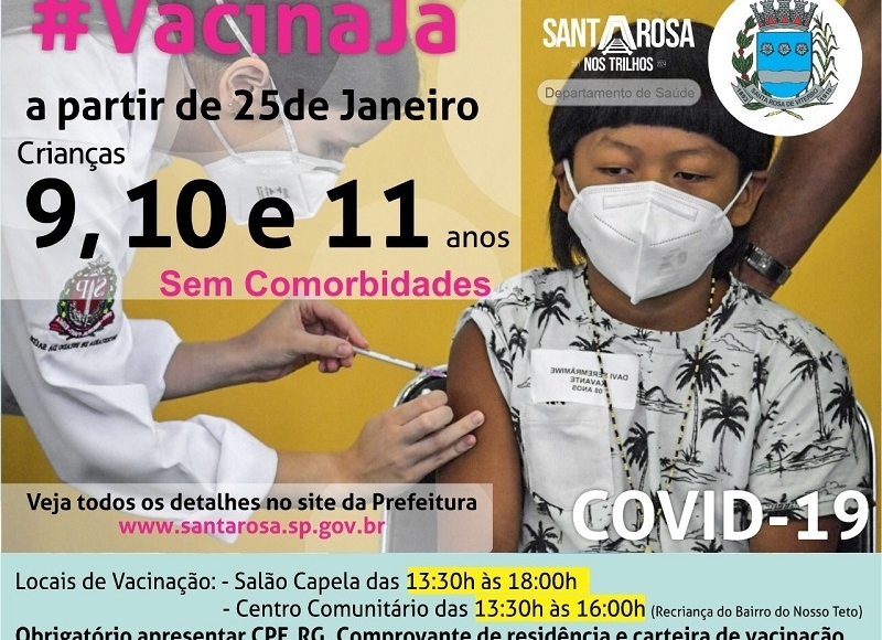 Santa Rosa começará vacinar crianças entre 9 e 11 anos sem comorbidades nesta terça-feira (25)