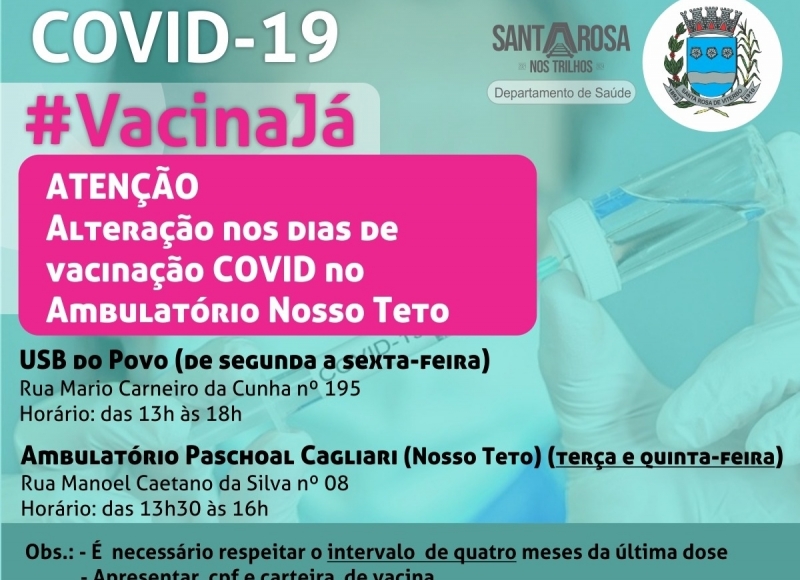 Vacinação da Covid-19 sofre alteração no Ambulatório Nosso Teto