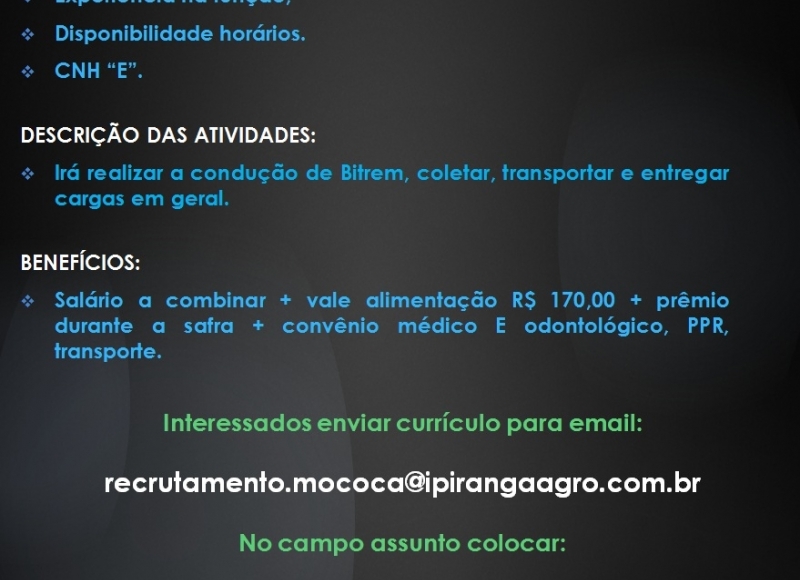 VAGA DE EMPREGO: MOTORISTA DE CAMINHÃO BITREM